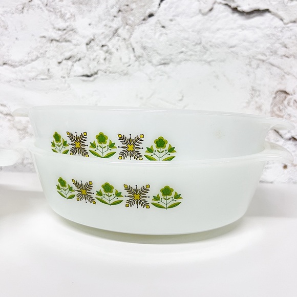 VINTAGE Anchor Hocking Fire King Round Casserole Green Meadow set of x3 - Picture 5 of 9